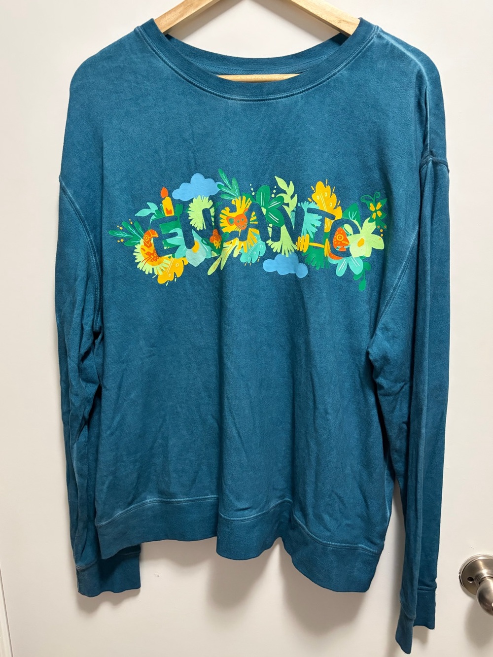 Disney Encanto Teal Blue Flowers Clouds Sweatshirt Parks Women’s Size Large